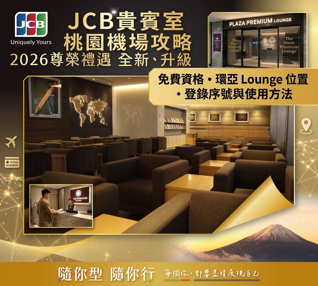 JCB貴賓室桃園機場攻略封面圖：2026尊榮禮遇、免費資格、環亞Lounge位置與登錄序號使用方法