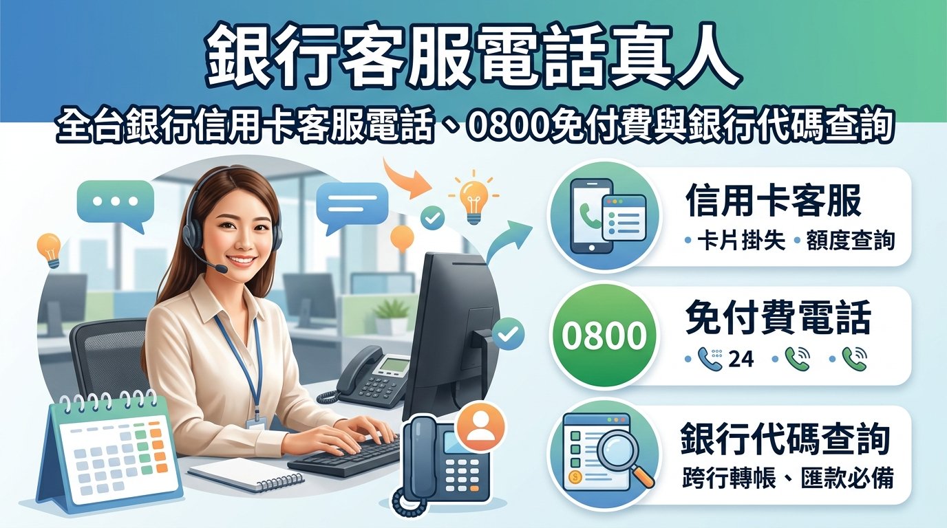 銀行客服電話真人｜全台銀行信用卡客服電話、0800免付費與銀行代碼查詢