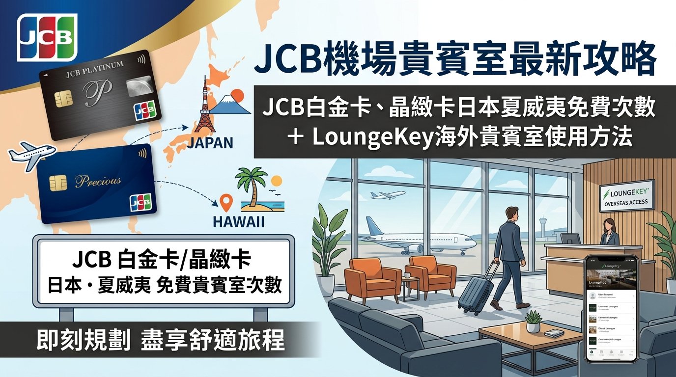 JCB 機場貴賓室攻略封面圖：包含 JCB 白金卡與晶緻卡、日本及夏威夷地圖、機場貴賓室休憩區與 LoungeKey 手機 App 使用畫面